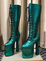 Bottes au genou pour femmes Bleu Vert Cuir Synthétique Bout rond Imprimé serpent Talon épais
