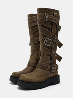 Bottes au genou pour femmes bottes plates à boucle chic vert foncé