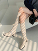 Bottes au Genou Talon Mi-Hautes Femmes Hiver avec Bout Carré Unicolore Beige à Cuir Synthétique Bottes au Genou Cuissardes femmes
