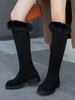 Bottes au Genou Talons Plate à Cuir Synthétique en Croûte à Bout Rond Cousu avec Fausse Fourrure Unicolore Bottes au Genou Talons Plate