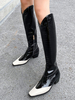 Bottes au Genou Talons Plate à Cuir Synthétique Vernis à Bout Carré Cousu Bicolores Bottes au Genou Talons Plate
