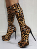 Bottes au genou verni PU supérieur léopard bout rond talon aiguille Sexy bottes à talons hauts