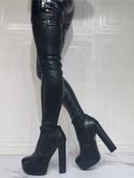 Bottes cuissardes à talons épais et plateforme pour femmes en noir