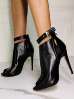 Bottes dété noires Peep Toe talon aiguille en cuir PU bride à la cheville bottines à talon