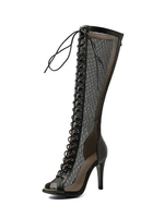 Bottes dété noires Peep Toe Talon aiguille Sangle réglable en cuir PU Bottes hautes