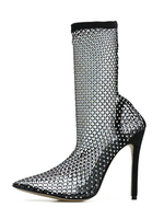 Bottes dété noires pour femmes bout pointu talon aiguille strass haut mi-mollet bottines dété