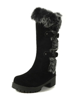 Bottes dhiver noires Bout rond en daim détail fourrure Bottes mi-mollet à talons épais