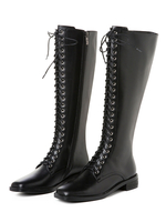 Bottes de combat au genou en cuir véritable Bottes en dentelle à bout carré en peau de vache