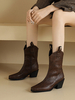 Bottes De Cow-Girl Marron Bottines Femme À Bout Carré Talon Épais Décontracté