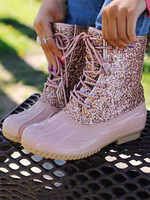Bottes de Pluies Femmes Pailettes Vernis à Lacets Caoutchouc Antidérapantes Imperméables avec Bout Rond Unicolore Bottes de Pluie Femmes