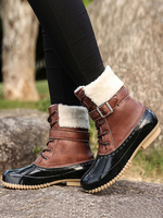 Bottes de Pluies Femmes Vernis Caoutchouc Antidérapantes Imperméables à Cuir Synthétique en Croûte Cousu avec Fausse Fourrure avec Bout Rond Cousu Tricolores Bottes de Pluie Femmes