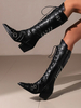 Bottes En Cuir Pu Noir À Bout Pointu Talon Épais Mi-Mollet Chaussures Femmes