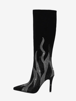 Bottes en daim au genou pour femmes bottes de fête à talons hauts en patchwork noir avec strass