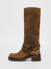 Bottes en daim hautes femmes bottes plates à bout carré et boucle marron foncé