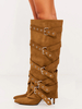 Bottes en daim marron à mollet large bout pointu détail boucle talon haut bottes hautes au genou