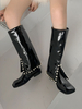 Bottes Femme Talon Chunky Bout Carré Bottes Hautes Bleues