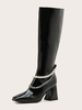 Bottes Femme Talon Chunky Bout Carré Cuir Verni Bottes Hautes Noires