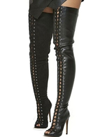 Bottes Femmes 2021 Noir Cuisse Haute Chaussures Sexy Bout Ouvert Talon Haut à Dentellet Bottes Au-dessus de Genou