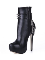 Bottes Femmes 2021 Noires Cheville Talon Haut Plate-Forme Bout Rond à Rivets Bottillons de Détail Chaîne