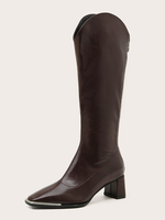 Bottes Femmes Chunky Heel Square Toe Borwn Bottes High Bottes