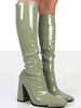 Bottes Genou Talons Haute en Cuir Synthétique Verni à Zip avec Bout Rond Unicolore