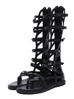 Bottes Gladiateur Noires Au Genou Sandales Tongs Plat Chaussures Femme