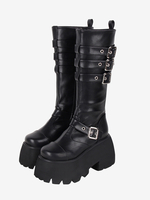 Bottes gothiques Lolita à œillets noirs et bout rond en cuir PU métallisé Chaussures Lolita