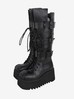Bottes gothiques Lolita avec œillets noirs bout rond métallique chaussures Lolita en cuir PU