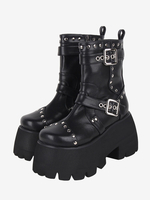 Bottes gothiques Lolita avec œillets noirs bout rond métallique chaussures Lolita en cuir PU