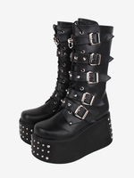 Bottes gothiques Lolita en cuir PU avec œillets métalliques bout rond chaussures Lolita noires