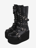 Bottes gothiques Lolita en cuir PU avec œillets métalliques bout rond chaussures Lolita noires