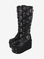Bottes gothiques Lolita en cuir PU œillets métalliques rivets bout rond chaussures Lolita noires
