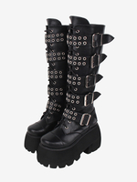 Bottes gothiques Lolita en cuir PU rivets métalliques à paillettes œillets bout rond chaussures Lolita noires
