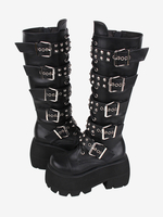 Bottes gothiques Lolita en cuir PU rivets métalliques à paillettes œillets bout rond chaussures Lolita noires
