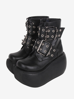 Bottes gothiques Lolita noires en cuir PU à bout rond chaussures Lolita