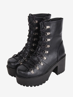 Bottes gothiques épaisses Lolita noires en cuir PU à bout rond chaussures Lolita