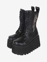 Bottes gothiques épaisses Lolita noires en cuir PU à bout rond chaussures Lolita