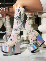 Bottes hautes à paillettes pour femmes bottes de fête à talons épais et plateforme