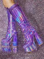 Bottes hautes à talons épais et plateforme sexy pour femmes bottes à lacets métalliques