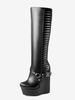 Bottes hautes au genou femmes en PU noir chic avec boucle talon compensé
