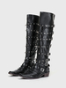 Bottes hautes au genou pour femmes bottes noires à bout pointu avec boucle cloutée et talon de chiot