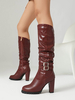 Bottes hautes au genou pour femmes en cuir PU avec boucle et talon épais