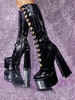 Bottes hautes au genou roses Plateforme supérieure en PU verni Talon épais Boucle Détail Bottes sexy