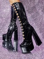 Bottes hautes au genou roses Plateforme supérieure en PU verni Talon épais Boucle Détail Bottes sexy