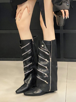 Bottes Hautes Chaussures Femmes À Talons Compensés Fermeture Éclaire Noire