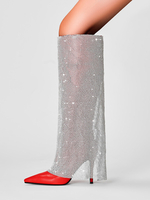 Bottes hautes de fête cuissardes femmes avec strass bottes à talons hauts rouges à bout pointu