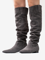 Bottes hautes en daim grises à bout pointu et plates