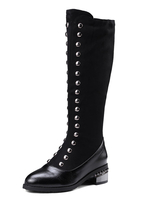 Bottes Hautes Femmes 2021 Noir Suédé Patchwork Bout Rond Rivets Bottes Plates Bottes au Genou