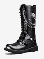 Bottes Hautes Hommes En Cuir PU À Bout Rond Chaînes Mentales Bottines Steampunk