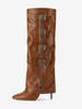 Bottes hautes marron pour femmes bout pointu boucle repliable talon aiguille bottes larges pour mollets